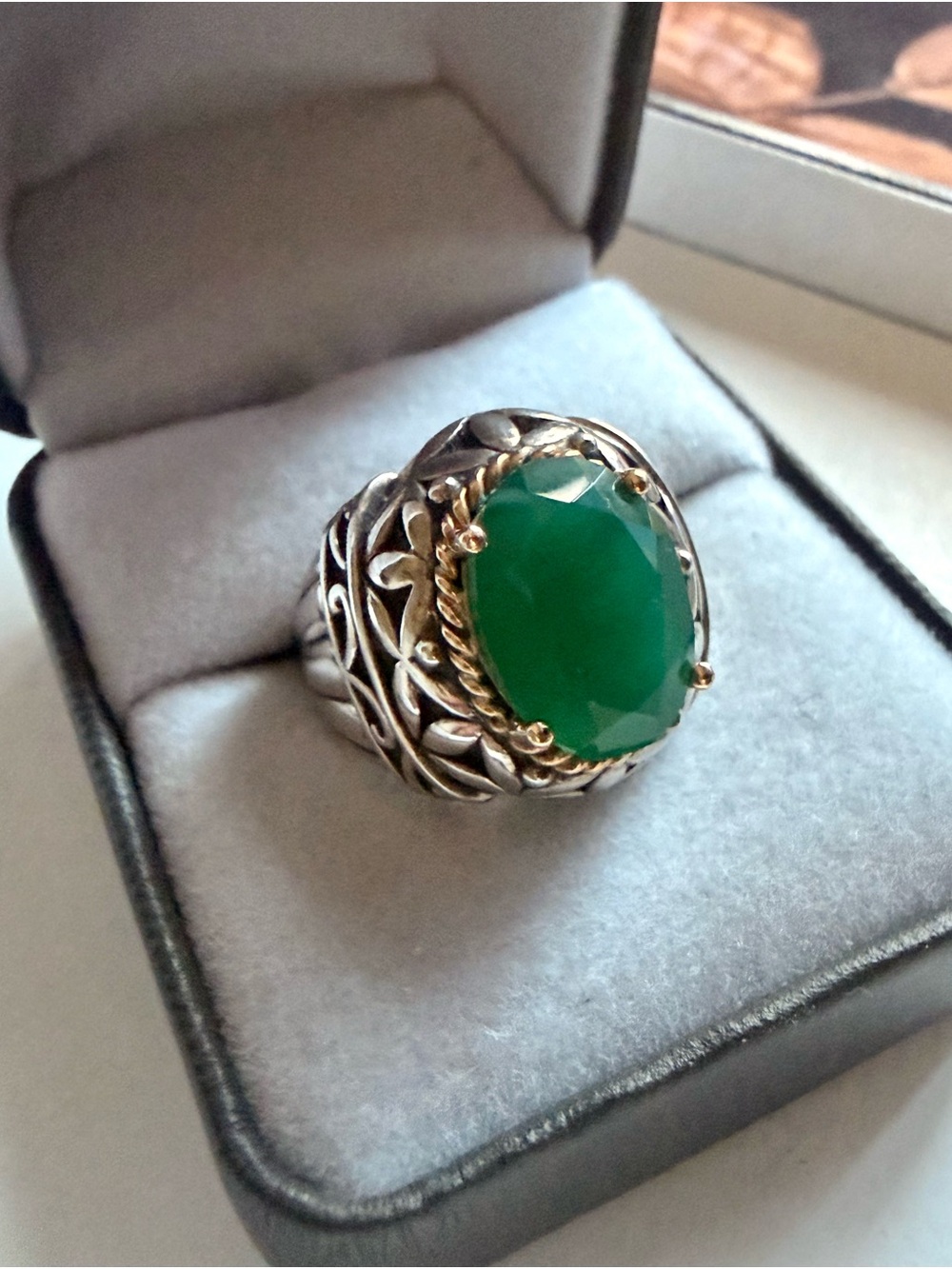 14K Statement Ring /Green Gemstone & 925 Sterling Silver Size 7